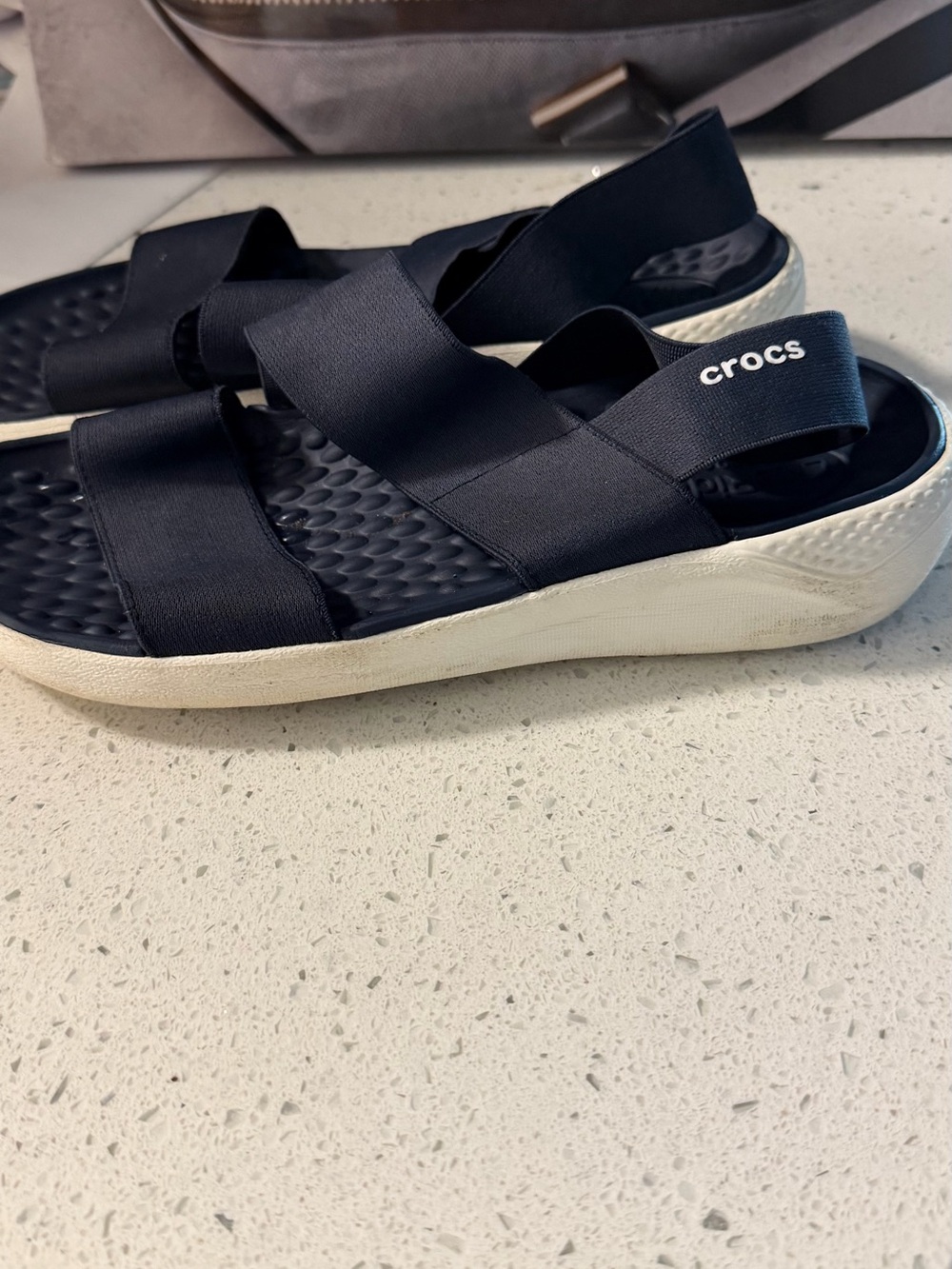 CROCS Women’s Black Elastic Strap Sandal with White Sole